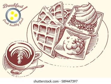 Hand drawn breakfast illustration in engraving style. Waffle with sauce, ice cream and coffee. Vector dark elements isolated on light background.
