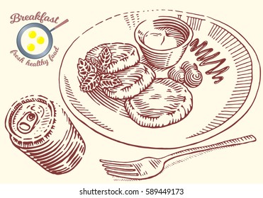 Hand drawn breakfast illustration in engraving style. Flapjack pancakes with sauce, berries, mint and fork. Soda drink in can. Vector dark 
elements isolated on light background.