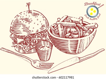 Hand drawn breakfast illustration in engraving style. Burger, french fries, sauce, fork and knife. Vector dark elements isolated on light background.