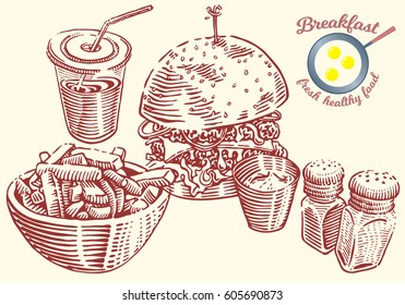 Hand drawn breakfast illustration in engraving style. Burger, french fries, sauce and drink in plastic cap with straw. Salt and pepper. Vector dark 
elements isolated on light background.