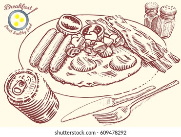 Hand drawn breakfast illustration in engraving style. Eggs, bacon, tomato, mushrooms, sausage, fork and drink in can. Salt and pepper. Vector dark 
elements isolated on light background.