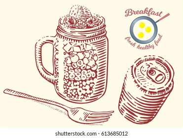 Hand drawn breakfast illustration in engraving style. Fresh parfait berries in mason jar and fork. Drink in can. Vector dark elements isolated on light background.