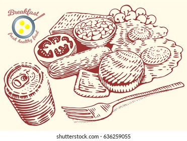 Hand drawn breakfast illustration in engraving style. Eggs, cutlet, tomato, mushrooms, sausage, bread, beans, fork and can of drink. Vector dark elements isolated on light background.