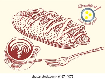 Hand drawn breakfast illustration in engraving style. Hot dog. Loaf with sausage, sauce, fork and cup of coffee. Vector vintage elements isolated on white background.