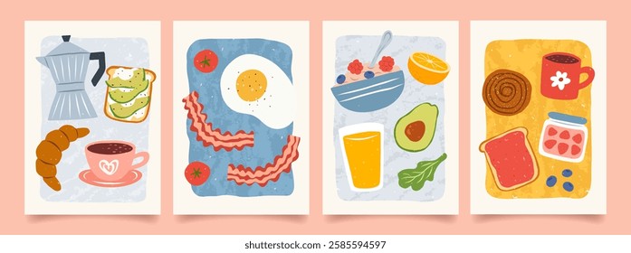 Hand drawn breakfast illustrations. Abstract trendy posters with coffee, fried egg, bacon, citrus juice, avocado, tomato, toast in jam. Minimalist prints for wall decor, restaurant menu, kitchens.