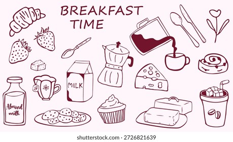 Ilustración vectorial de tinta de desayuno dibujada a mano en un estilo de arte minimalista de línea doodle. Cuenta con café, croissant, fresas, queso, pastel, leche y iconos de comida de café. Perfecto para menús, invitaciones, diseños de brunch, empaques y panadería. La Dolce Vita de estilo italiano.