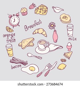  Hand drawn breakfast item set. Cute doodle food. Vector illustration