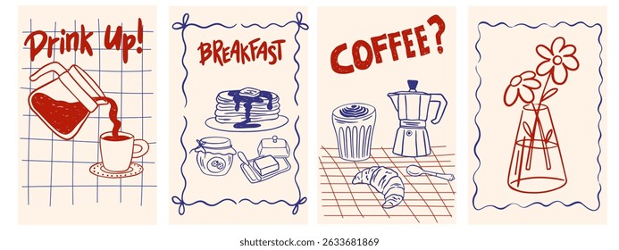 Hand drawn breakfast la dolce vita posters. Vector illustration of food and coffee icons in chalk, crayon drawing style for invitations, menus, parties. Minimalist line art for poster, placard, print