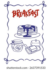 Hand drawn breakfast la dolce vita poster. Vector illustration of food and coffee icons in chalk, crayon drawing style for invitations, menus, parties. Minimalist line art for poster, placard, print