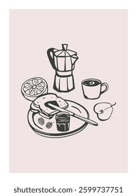 Hand drawn breakfast meal composition