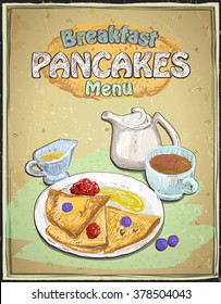 Hand drawn breakfast menu with pancakes, berries, cup of tea and honey on a vintage backdrop