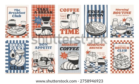 Hand drawn breakfast poster. Chalk food banner. Sketch crayon drink, coffee, croissant, egg, bread, avocado, waffles. Doodle brunch elements with quotes. Vector set.