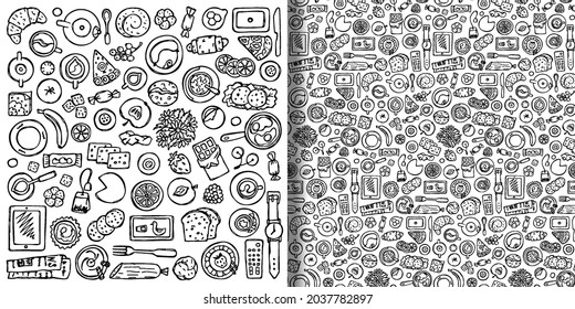 Hand drawn Breakfast print and seamless pattern set