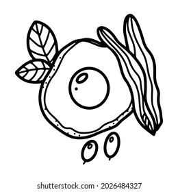 Desayuno a mano con huevos revueltos. Estilo de dibujo de Doodle. Esbozar elementos alimentarios.