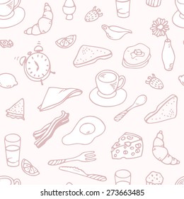 Hand drawn breakfast seamless pattern. outline style. Doodle food vector background