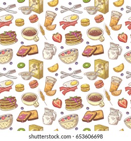 Hand Drawn Breakfast Seamless Pattern with Pancakes, Fruits and Milk. Healthy Food Background. Vector illustration