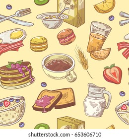 Hand Drawn Breakfast Seamless Pattern with Coffee, Fruits and Toasts. Healthy Food Background. Vector illustration