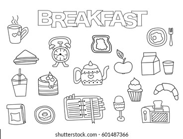 Hand drawn breakfast set. Coloring book template.  Outline doodle elements vector illustration. Kids game page