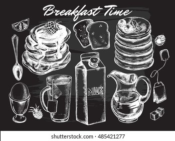 Hand drawn breakfast set. Food elements collection. Vector illustration. Menu or signboard template for bakery and cafe.