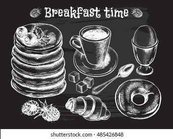 Hand drawn breakfast set. Food elements collection. Vector illustration. Menu or signboard template for bakery and cafe.