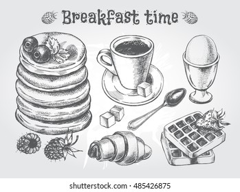 Hand drawn breakfast set. Food elements collection. Vector illustration. Menu or signboard template for bakery and cafe.