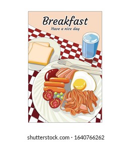 Hand drawn breakfast set poster vector. breakfast on table cloths.