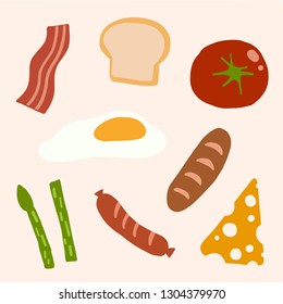 Hand drawn breakfast set with simple colorful design. Vector Iillustration bacon, bread, tomato, fried egg, vegetable, suasage, cheese for decoration, cooking book, menu, cafe, restaurant brochure.