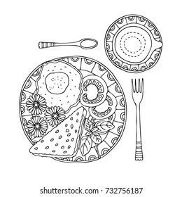 Hand drawn breakfast. Sketch for anti-stress adult coloring book in zen-tangle style. Vector illustration  for coloring page.