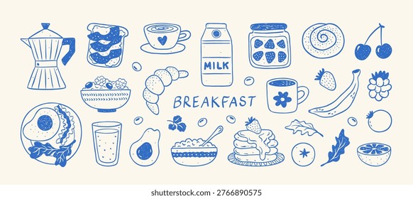 Hand drawn breakfast sketch illustrations. Coffee, egg, croissant, milk, cereal, jam, avocado, toast, pancake in crayon, chalk, ink drawing style. Vector food and drinks whimsical doodle line art.