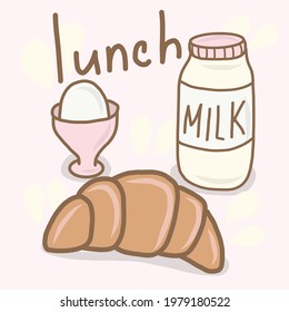 Hand drawn breakfast time with egg, croissant and milk. Vector Illustration Of Foods