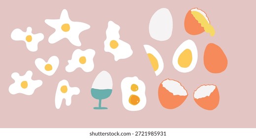 Ilustración vectorial de desayuno dibujada a mano con huevos fritos en una sartén en una mesa. Escena de comida acogedora con utensilios de cocina, adecuado para conceptos de desayuno, marca de alimentos, diseño de menú, carteles, ilustraciones editoriales y gráficos de estilo de vida.