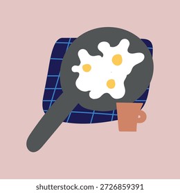 Ilustración vectorial de desayuno dibujada a mano con huevos y tocino servido en un plato con cubiertos. Composición de comida limpia ideal para el diseño de menús, marca de restaurantes, carteles de comida, ilustraciones de estilo de vida y gráficos de cocina modernos.