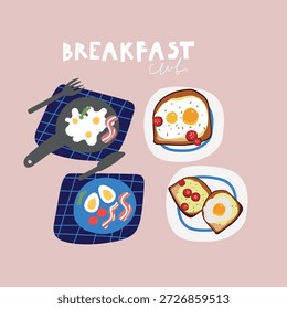 Ilustración vectorial de desayuno dibujada a mano con huevos y tocino servido en un plato con cubiertos. Composición de comida limpia ideal para el diseño de menús, marca de restaurantes, carteles de comida, ilustraciones de estilo de vida y gráficos de cocina modernos.