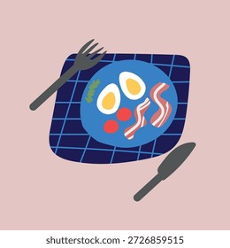 Ilustración vectorial de desayuno dibujada a mano con huevos y tocino servido en un plato con cubiertos. Composición de comida limpia ideal para el diseño de menús, marca de restaurantes, carteles de comida, ilustraciones de estilo de vida y gráficos de cocina modernos.