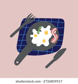 Hand drawn breakfast vector illustration featuring eggs and bacon served on a plate with cutlery. Clean food composition ideal for menu design, restaurant branding, food posters, lifestyle illustrations, and modern kitchen graphics.