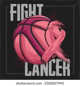 Bola de baloncesto rosada de la conciencia del cáncer de pecho dibujada a mano con el concepto rosado de la lucha de la esperanza femenina de la cinta