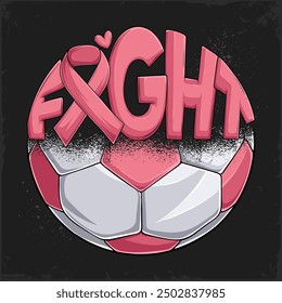 Hand drawn Breast Cancer awareness half pink Football or Soccer ball fight calligram and pink ribbon