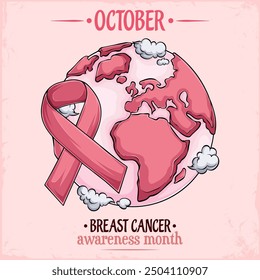 Dibujado a mano Conciencia del cáncer de mama rosa Tierra planeta globo o mapa del mundo con cinta rosa cuidado de la salud