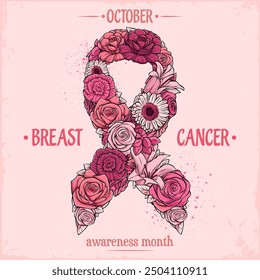 Hand drawn Breast cancer awareness ribbon made with beautiful flowers in different tones of pink