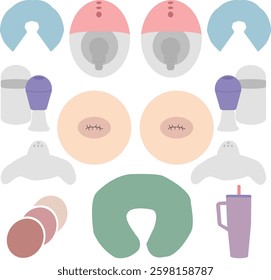 Conjunto de lactancia dibujado a mano con pezones invertidos Clipart. Ilustración vectorial de stock