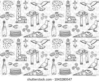 Hand drawn breton symbols vector seamless pattern with lighthouse, traditional hut, cider, pancakes, seagulls, trains, oysters and mussels