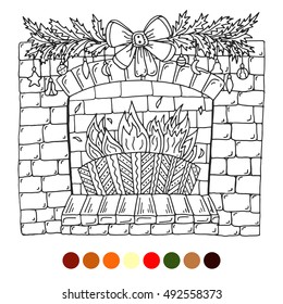 Hand drawn brick fireplace isolated on white. Coloring christmas fireplace with mistletoe garland and christmas toys. Coloring fireplace vector with color swatches. 