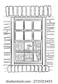 Ventana de la casa de ladrillo dibujado a mano con cortinas de encaje y flor en maceta acogedora escena exterior vintage en blanco y negro arte de línea