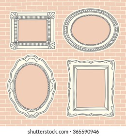Hand drawn brick wall background and frames set. Vector illustration
