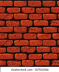 Hand drawn brick wall  seamless  pattern. Red bricks old cartoon wall.