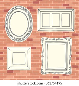 Hand drawn brick wall seamless pattern and frames set. Vector illustration