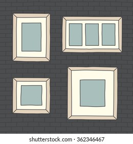 Hand drawn brick wall seamless pattern and frames set. Vector illustration