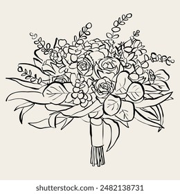 Hand drawn bridal bouquet. Vector flower bouquet illustration for wedding invitations, save the date card, stationery and design.