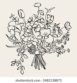 Hand drawn bridal bouquet. Vector flower bouquet illustration for wedding invitations, save the date card, stationery and design.