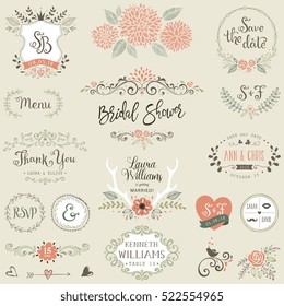 Hand drawn Bridal Shower and Wedding collection with typographicÂ design elements.  Vector illustration.